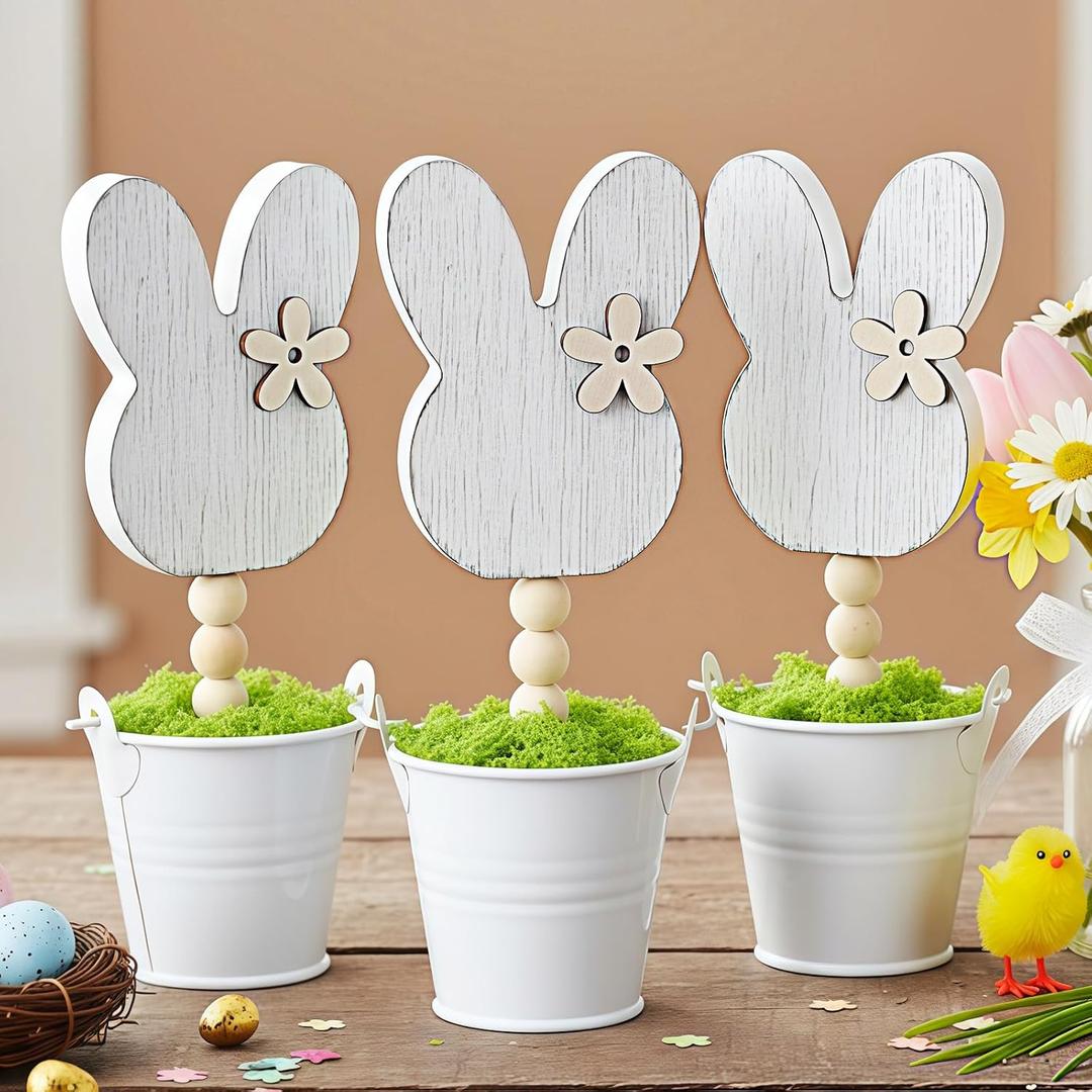Yousoontic 3 Pcs Neutral Wooden Bunny Standing Table Decor Rustic Bunny Table Centerpiece Signs Rustic Rabbits Mini Potted Signs with Flowers Neutral Farmhouse Rabbits Gifts Easter Tabletop Decor