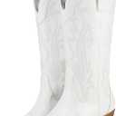 HISEA Rollda Cowboy Boots for Women Western Cowgirl Boots Mid Calf | Chunky Heel Pointed Toe Comfortable Stitched Embroidery for Country Concert Dancing Wedding Travel Daily Outfits, White Size 6