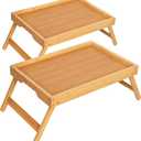 Breakfast Tray with Folding Legs Set of 2, Bamboo Bed Tray Table 15.7" Foldable TV Dinner Tray with Ergonomic Wave Handles for Bed Couch Sofa, Breakfast, Snacks, Coffee, Natural