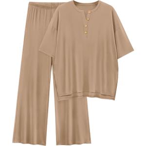 PRETTYGARDEN 2 Piece Lounge Sets for Women Summer 2025 Short Sleeve Tops Wide Leg Pants Matching Travel Outfits Clothing (Khaki,X-Small)