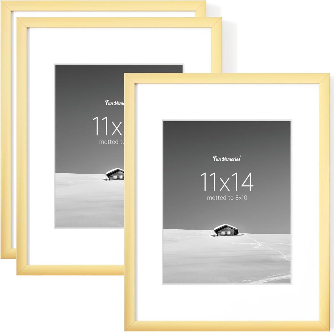 Fun Memories 11x14 Picture Frame Set of 3, Display Pictures 8x10 with Mat or 11x14 Without Mat, 11 x 14 Frame for Photos, Posters & Art Prints, Gallery Photo Frames for Wall & Tabletop Display, Gold