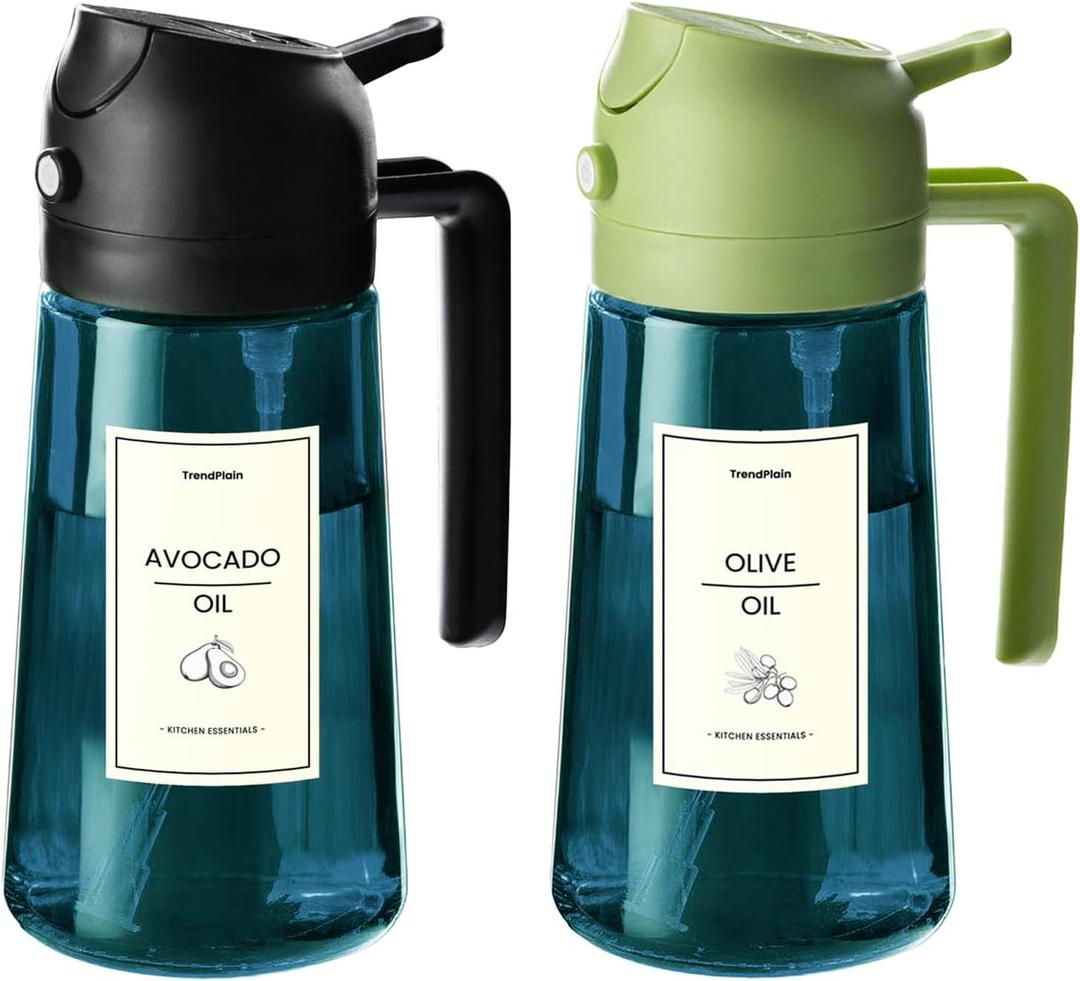 TrendPlain 16oz/470ml Blue Glass Olive Oil Sprayer for Cooking - 2 in 1 Olive Oil Dispenser for Kitchen Gadgets, Air Fryer, Salad, and BBQ - Black & Green