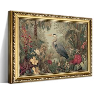 Vintage Heron Canvas Wall Art, Elegant Heron Among Tropical Foliage Print, 24"L x 16"W