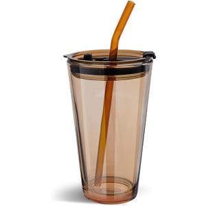 Olvini 15oz Glass Tumbler with Straw and Lid, Cute Iced Coffee Cups, Aesthetic Glass Cups, Coffee Tumbler, Water Cup, Matcha Cup, Drinking Glasses (Amber)
