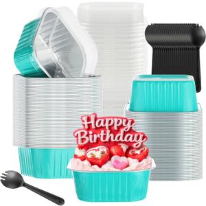 50PCS 5OZ Mini Aluminum Pans With Lids - Cupcake Liners, Cake Tins, Baking Cups for Christmas, Blue