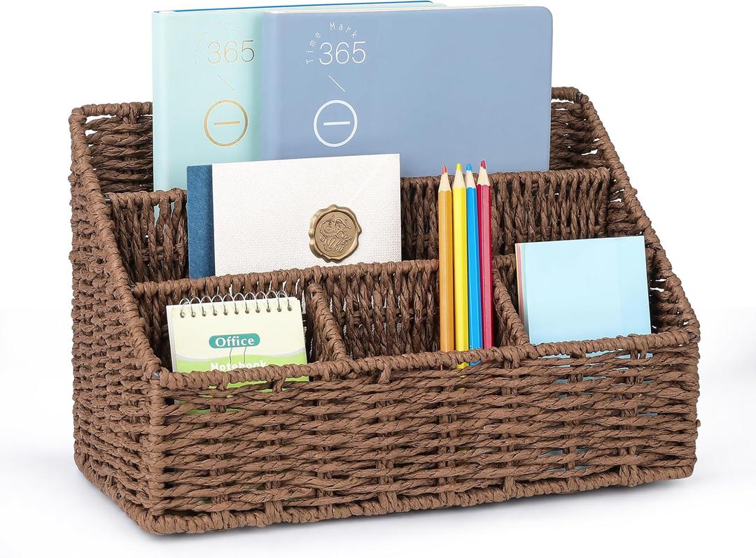 DINGTAI Rattan Desk Organizer, Tabletop Mail Holder, 5 Slot Mail Organizer Countertop Basket, Rattan Office Supplies, Boho Office Desk Accessories, Wicker Desk Organizer, Magazine HolderBrown