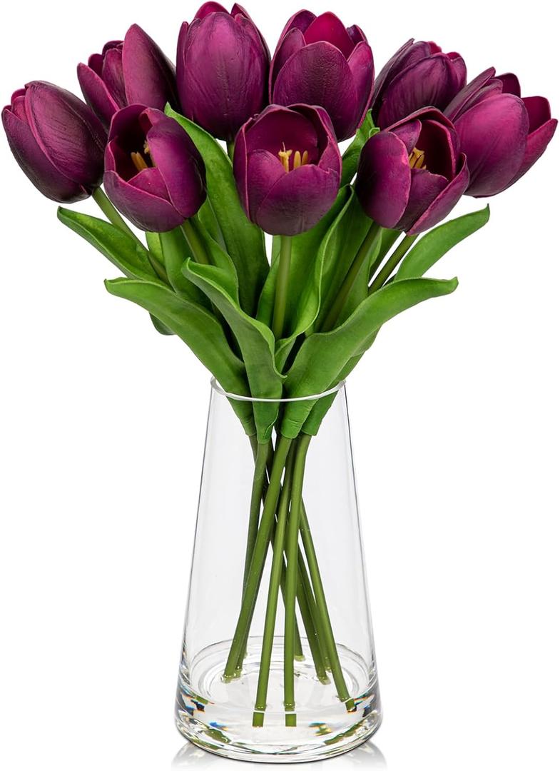 Fake Tulips Artificial Tulip Flowers in Glass Vase with Faux Water, 14.2" Real Touch Purple Tulip Flowers Dcor for Table Centerpiece Home Farmhouse Resto Wedding Decoration