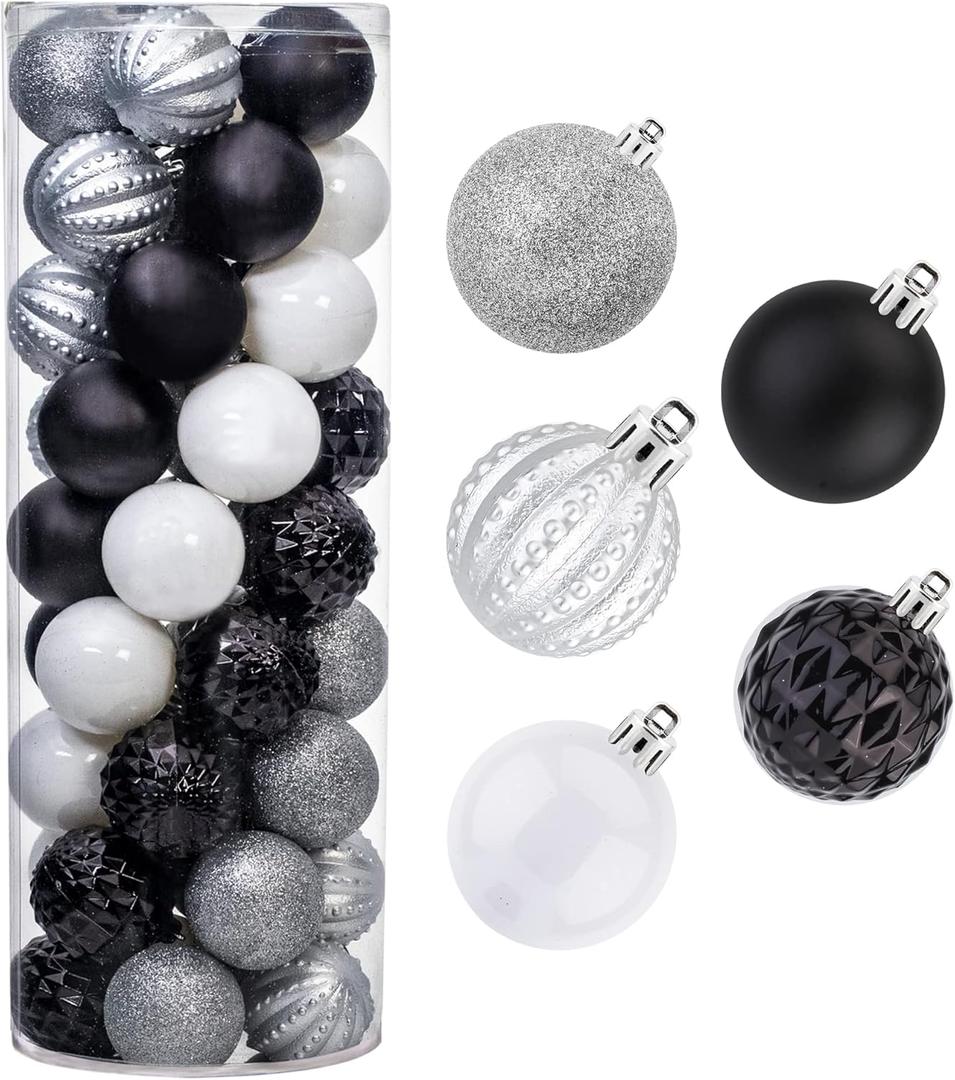 45Pcs 6cm Christmas Glitter Ball Ornaments, Shatterproof Plastic Xmas Tree Decorations for Holidays, Weddings, Parties - Black, White, Silver