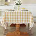 Laolitou Checkered Tablecloth Rectangle Washable Buffalo Plaid Picnic Table Cloth with Tassel Cotton Linen Gingham Table Cover for Dining Room, Yellow, Rectangle, 55''x120'', 10-12 Seats