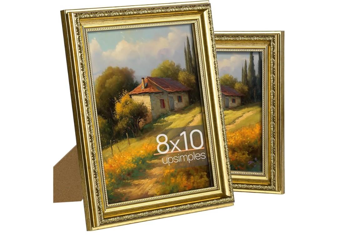 upsimples 8x10 Picture Frame with Real Glass, Ornate Vintage 8 x 10 Photo Frames for Wall Decor or Tabletop Display, Gold, 2 Pack