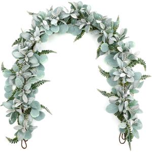 SHACOS 2 Pack 11.8 ft Artificial Flocked Lambs Ear Garland Eucalyptus Fern Leaves Greenery Garland Fake Vines for Mantle Fireplace Door Window Wedding Table Centerpieces Home Decor