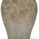 Slim Flat Ceramic Vase for Home Decor, 13" Ribbed Modern Flower Vase, Space-Saving Narrow Decorative Vase for Pampas Grass Artificial Flowers, Farmhouse Boho Table Centerpiece, Mosstone