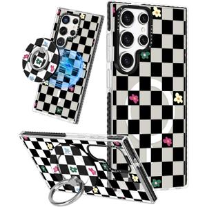 Lotadilo for Samsung Galaxy S24 Ultra Case for Women - Girls Cute Design Compatible with Magsafe Magnetic Ring Holder Stand Black Flower Phone Covers Aesthetic Girly TPU Funda for S24 Ultra