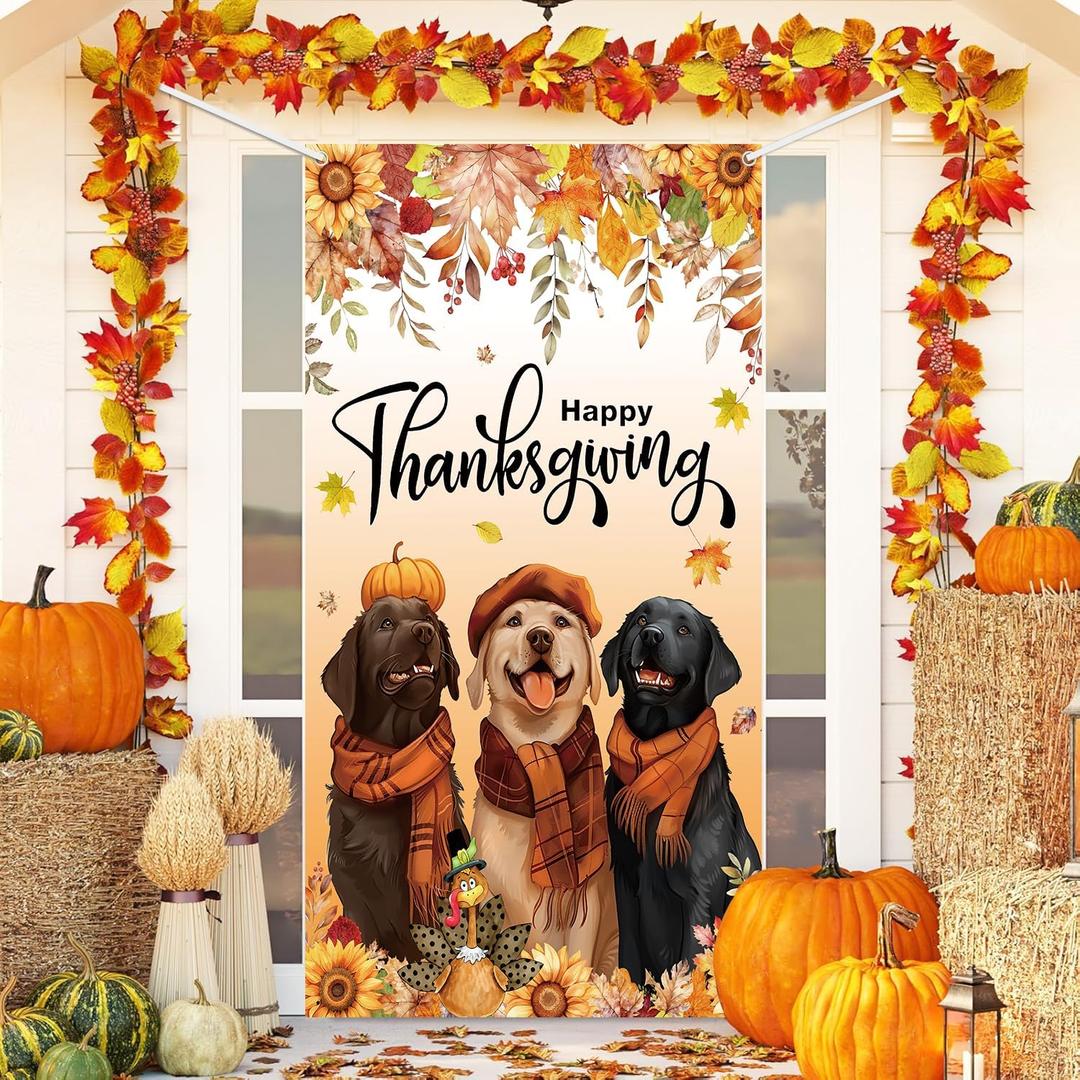2 x MEHOFOND Fall Thanksgiving Door Cover, Double Sided for Outside Dog Pumpkin Maple Leaves Give Thanks Turkey Seasonal Autumn Yard Decoration 3.6x5.9ft