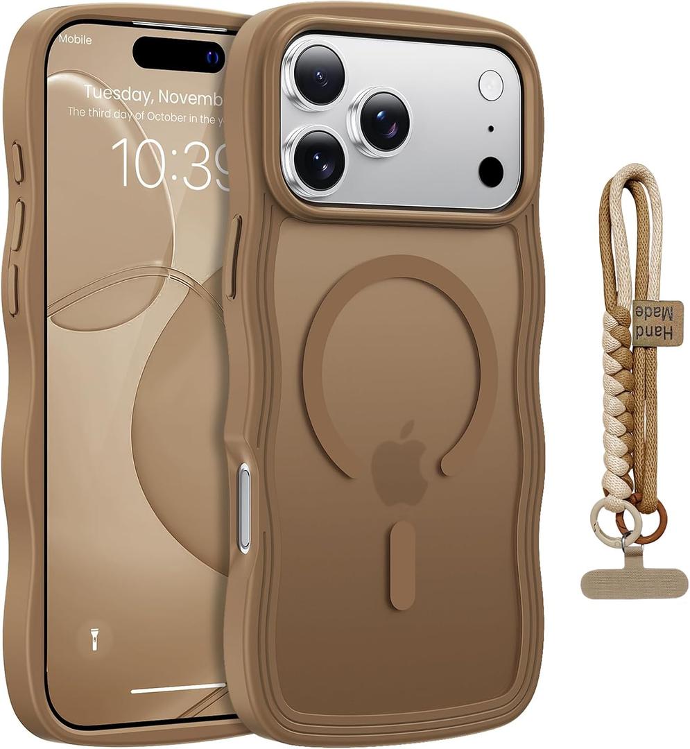 for iPhone 17 Pro Max Case Cute Wavy Matte Brown |Compatible with MagSafe,Color-Matched Lanyard,Military Grade Shockproof,Slim & Durable,Travel-Ready & Stylish