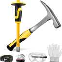 6 Pcs Rock Hammer Geology Starter Kit - 32 oz Masonry Hammers with 12" Mason Chisel Survival Bracelet Safety Glasses Jewelers Loupe Gloves for Hounding Gold Mining Prospecting Stone Breaking