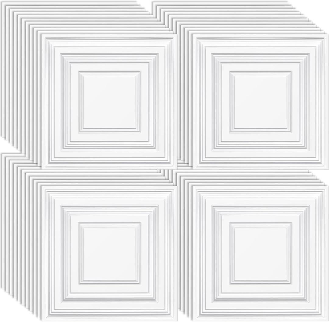 Landical 50 Pcs 2 x 2 ft White PVC Plastic Drop Ceiling Tiles 24 x 24 x 0.8 Inch Ceiling Panels Decorative Cover 200 Sq. ft for Office Bathroom Living Room Bedroom