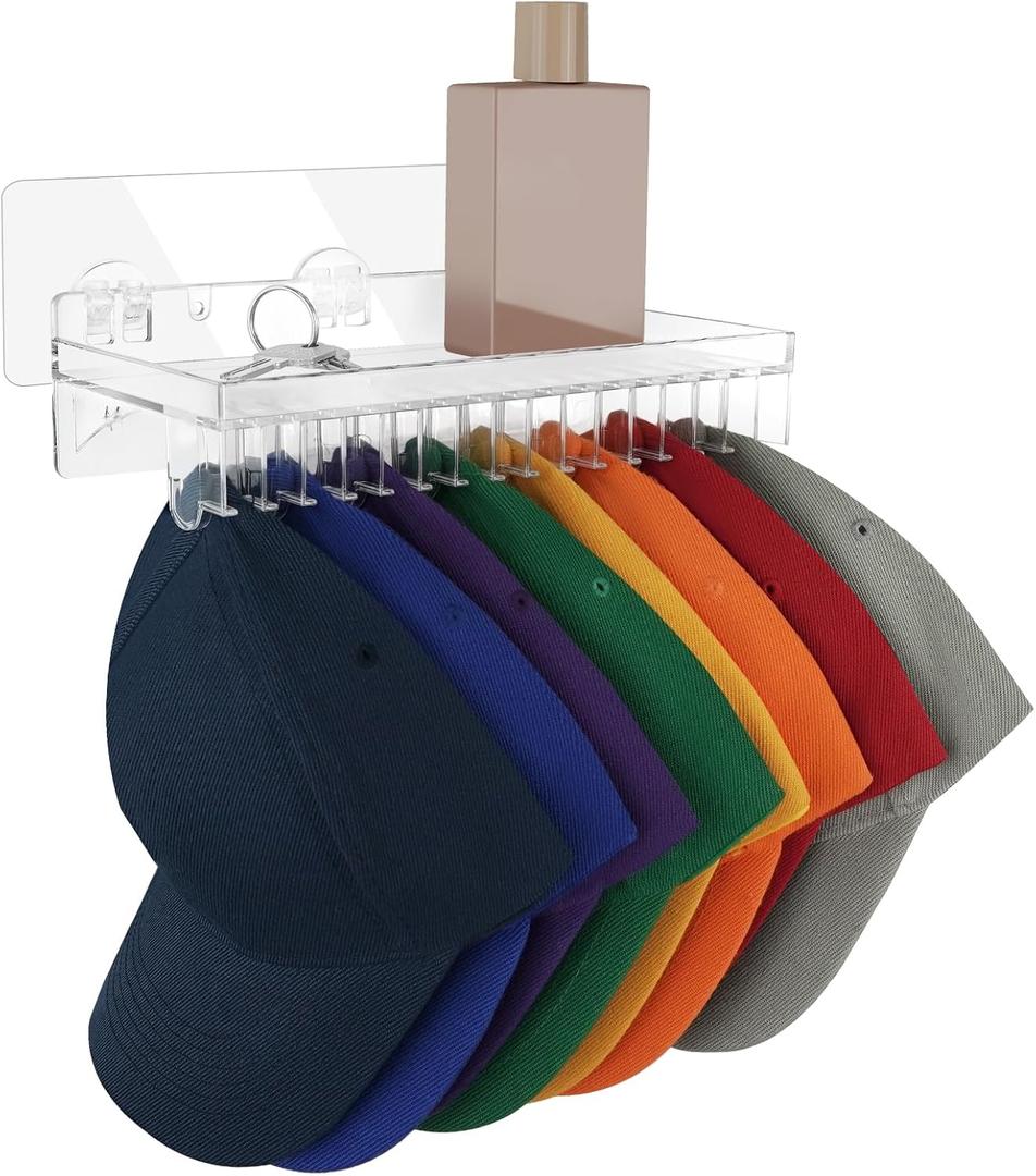 Hat Rack Wall Mount with Shelf Support 16 Caps, Space Saving Self Adhesive Hat Holder Organizer Over the Door/ Entryway/ Closet, Plastic Floating Shelf No Drill for Keys, Drawing and Plants (Clear)