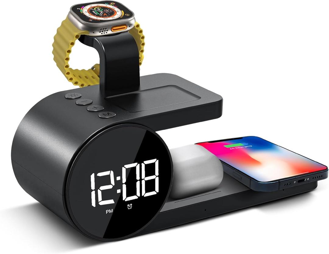 Brookstone 4-in-1 Wireless Charging Station: Stylish | Compatible for iPhone 15,14,13,12 Pro Max Series, All iWatch Series, Compatible with Airpods 3,2 Pro| Wireless Charging Station with Clock. (Black)