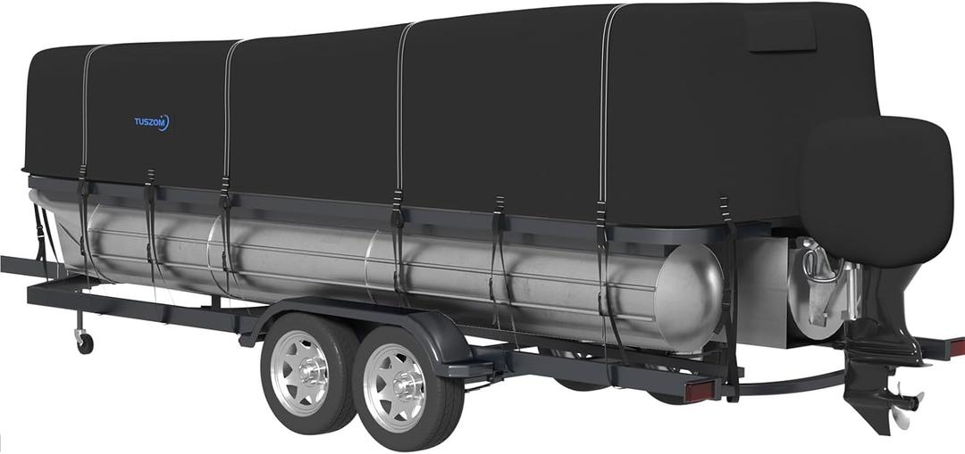 Tuszom1200D Solution Dyed Trailerable Pontoon Boat Cover with Upgraded 12+4 Windproof Side Straps, 100% Waterproof Heavy Duty Boat Cover with Motor Cover (Black, Length:25'-28' Beam Width: up to 102")