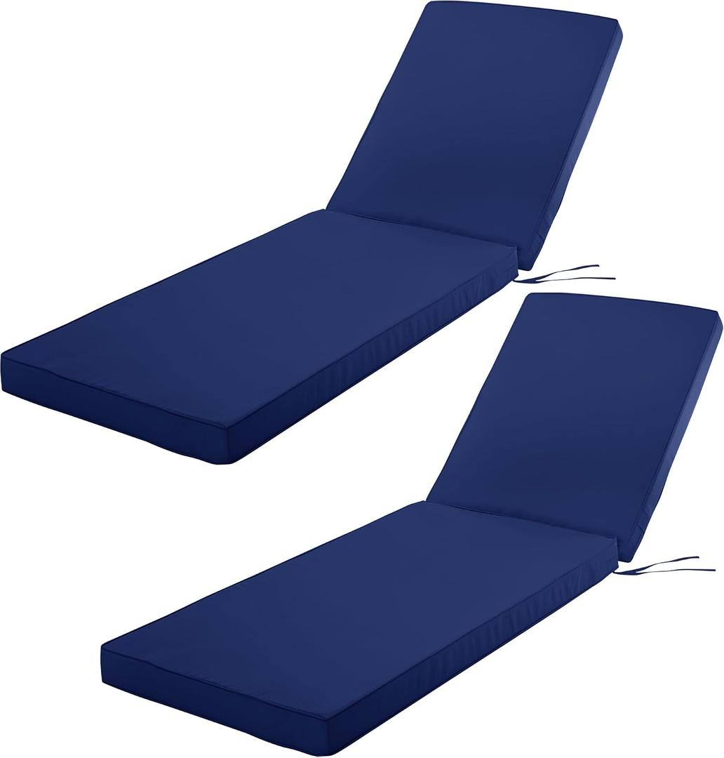 Outdoor Chaise Lounge Cushion Set of 2, Fadesafe Water-Repellent Lounge Deck Reclining Chair Cushions for Patio Furniture Lawn Pool Resort Hotel, 72x21x3 Inch, Navy