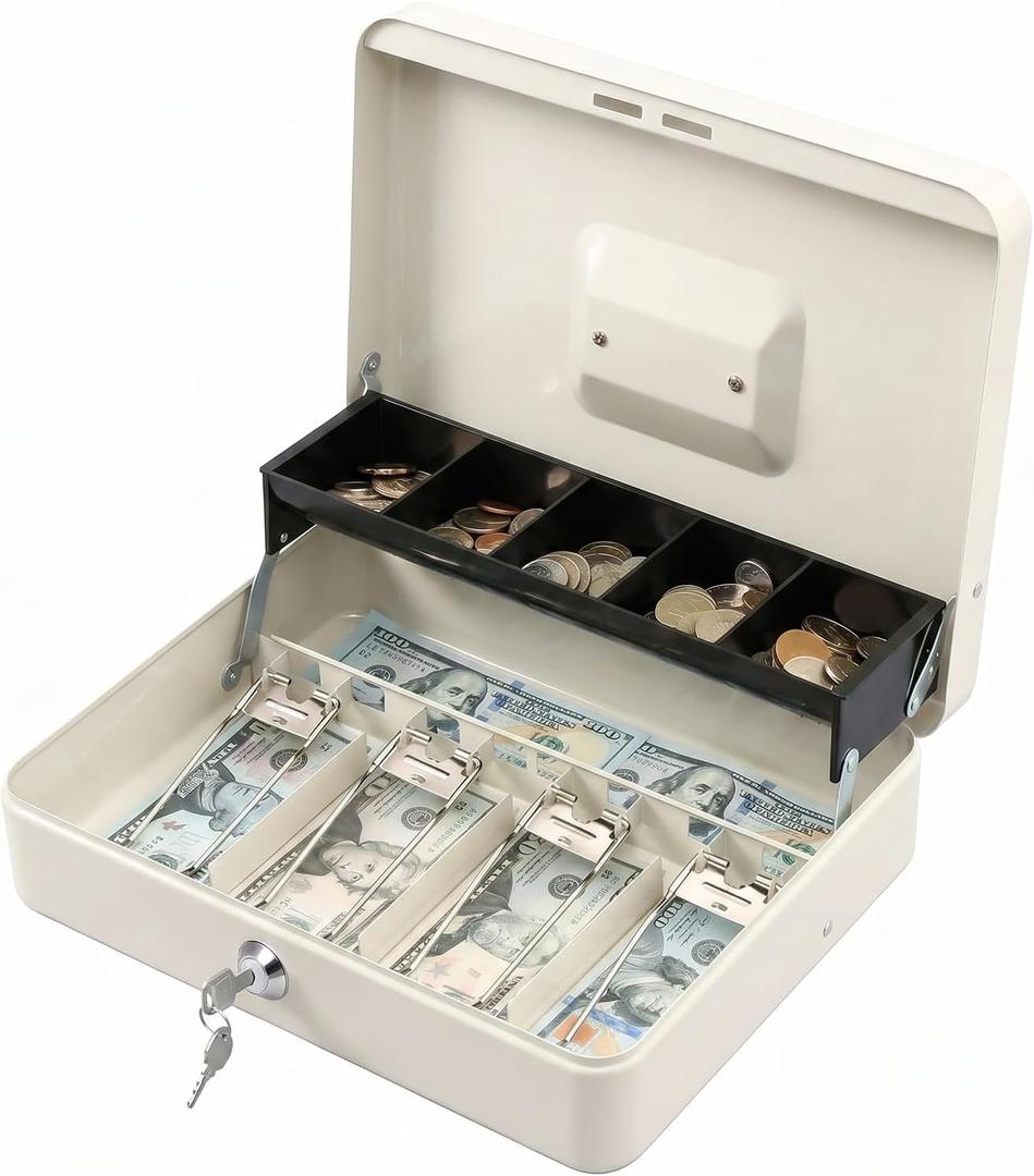 KYODOLED Locking Cash Box with Lock,Money Box with Cash Tray,Lock Safe Box with Key,Money Saving Organizer,11.81Lx 9.45Wx 3.54H Inches,White XL Large
