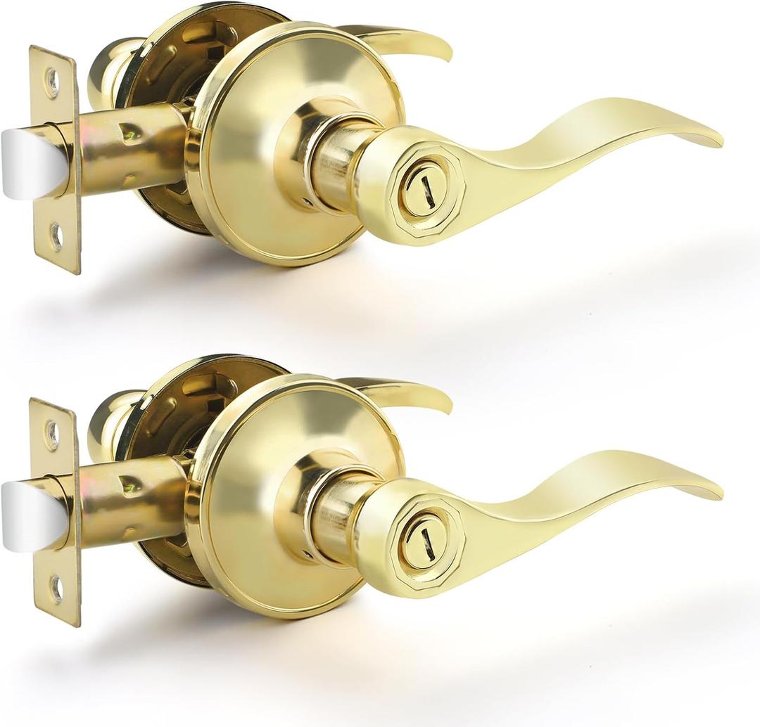 EHOMEWARE 2 Pack Polished Brass Door Knobs Interior, Gold Privacy Door Handles Locksets for Bedroom Bathroom, Reversible Door Handles for Right or Left Handed Doors