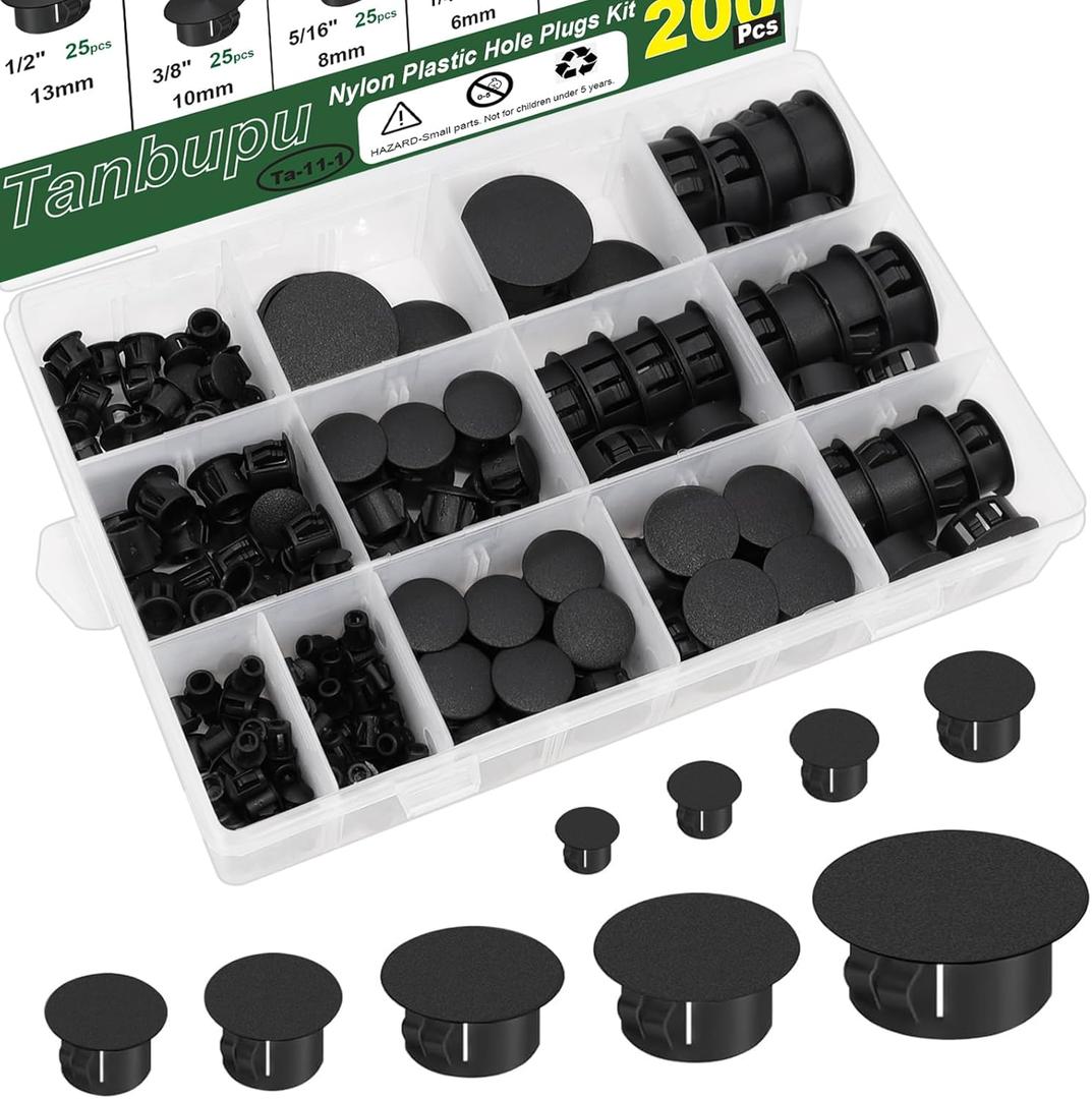 200Pcs 9 Sizes Nylon Plastic Hole Plugs 1/5" 1/4" 5/16" 3/8" 1/2" 5/8" 3/4" 7/8" 1"Round Hole, Flush Type Panel Knockout Locking Plugs,Screw Covers for Furniture Cabinet Insert End Caps (Black)