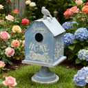 Rustic Blue Metal Bird House, Decorative Bird House with Happy Home Accents & Bird Topper, Standing Design Bird Home - Ideal Outdoor Garden Decor