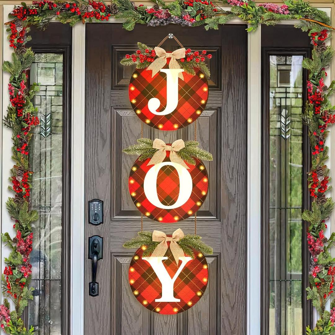 Buffalo Check Plaid Christmas Wreaths for Front Door - 3pcs 12" Rustic Burlap Wooden Xmas Decor Hanging Joy Door Signs Wreaths with LED Lights for Door Wall Holiday Xmas Decorations Indoor Outdoor (Warm Red)