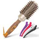 Fagaci Professional Round Brush with Natural Boar Bristle for Blow Drying, Nano Technology Ceramic + Ionic for Voluminous Healthy Hair Styling | Includes 4 Styling Clips