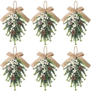 6 Pcs Artificial Christmas Teardrop Swag 18" Green and White Frosted Greenery Teardrop Wreath with Pine Cones Berry Clusters Burlap Bow Ribbon for Xmas Front Door Table Mantle Fireplace Decor 