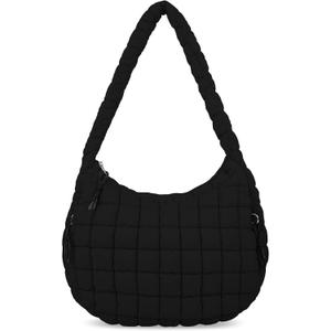 izuzta Quilted Puffer Tote Bag for Women Large Crossbody Bag Lightweight Nylon Puffy Quilted Carryall Hobo Puff Shoulder Bag (Medium, Black)