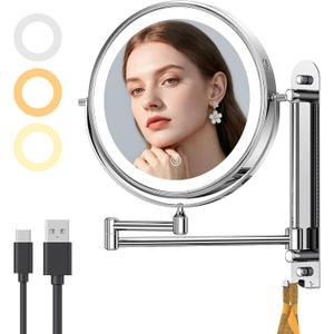 Gospire 9 Wall Mounted Lighted Makeup Mirror with Magnification 10X, 7in Height Adjustable Vanity Lighted Mirrors for Bathroom Wall, 360 Extended Arm Shaving Wall Mirror with Lights - Chrome