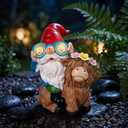 Solar Garden Gnome Statue Sitting Highland Cow Figurine with Flower Wreath Rotating Eyes LED Lights Outdoor Telescope Weatherproof Yard Art Decor for Patio Lawn, Housewarming Gifts for Women Mom