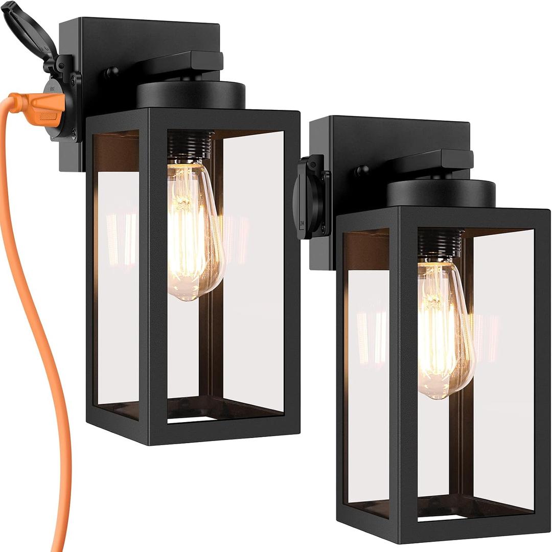 Bdrofn 2-Pack Porch Lights Outdoor Wall Lantern,Black Outdoor Wall Light with Outlet,Waterproof Anti-Rust Exterior Light Fixture Outside Lights for House Garage Hallway