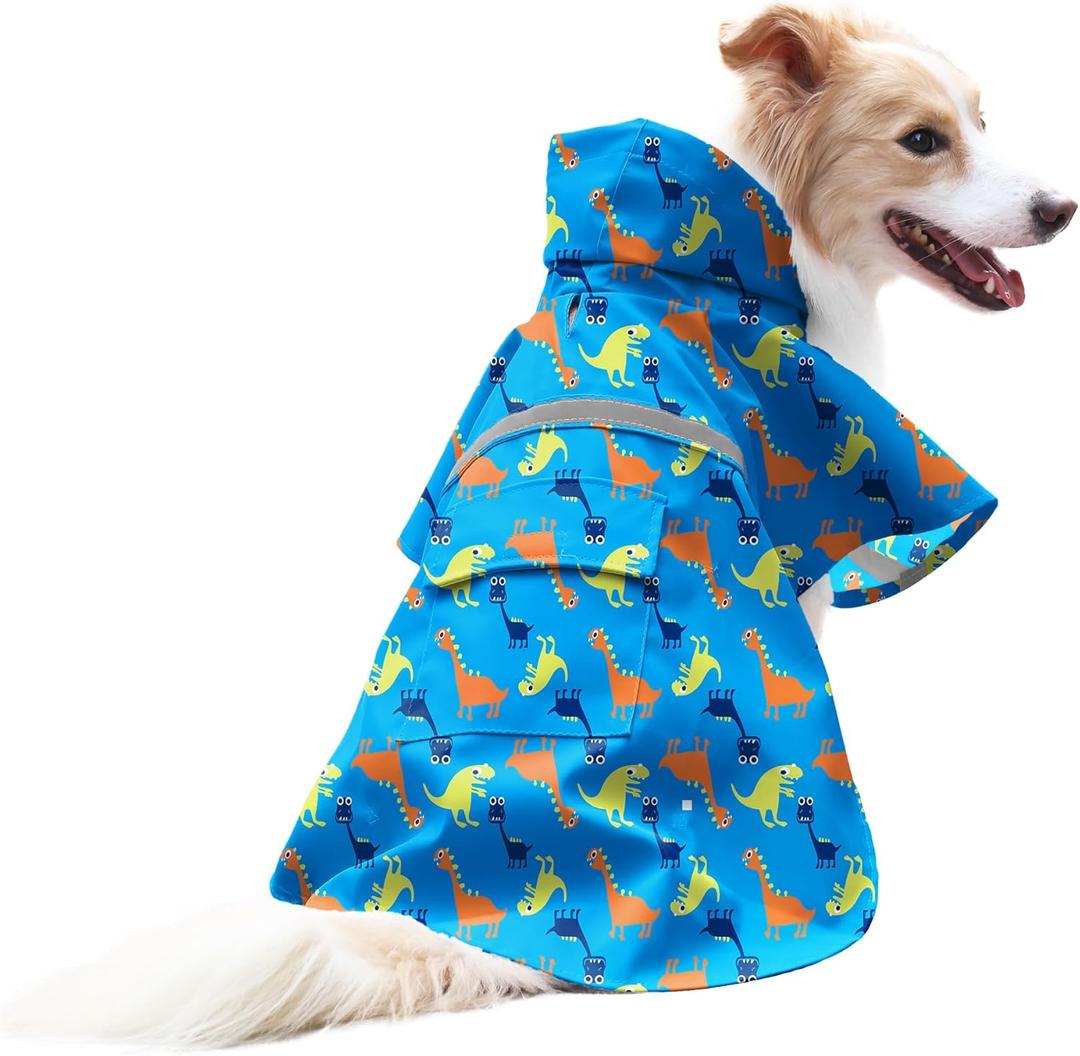 NACOCO Large Dog Raincoat Adjustable - Pet Dinosaurs Water Proof Clothes Lightweight Rain Jacket Poncho Hoodies with Strip Reflective Blue (M, Blue Dinosaur) (Medium (Pack of 1))