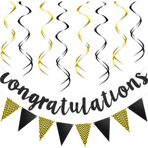 Pre-strung Glitter Congratulations Banner Triangle Flag Banner with 12 Pieces Hanging Swirls for Wedding Retirement Graduation Anniversary Party Decorations(Black, Gold)