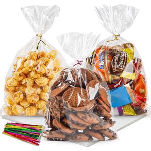 2 x NPLUX Cellophane Treat Bags, 6 x 10 Inch Clear Gift Bags, 100 Pack Cookie Bags with Twist Ties for Candy, Popcorn, Bakery Snacks, Party Favors, Bake Sale and Small Gift Packaging