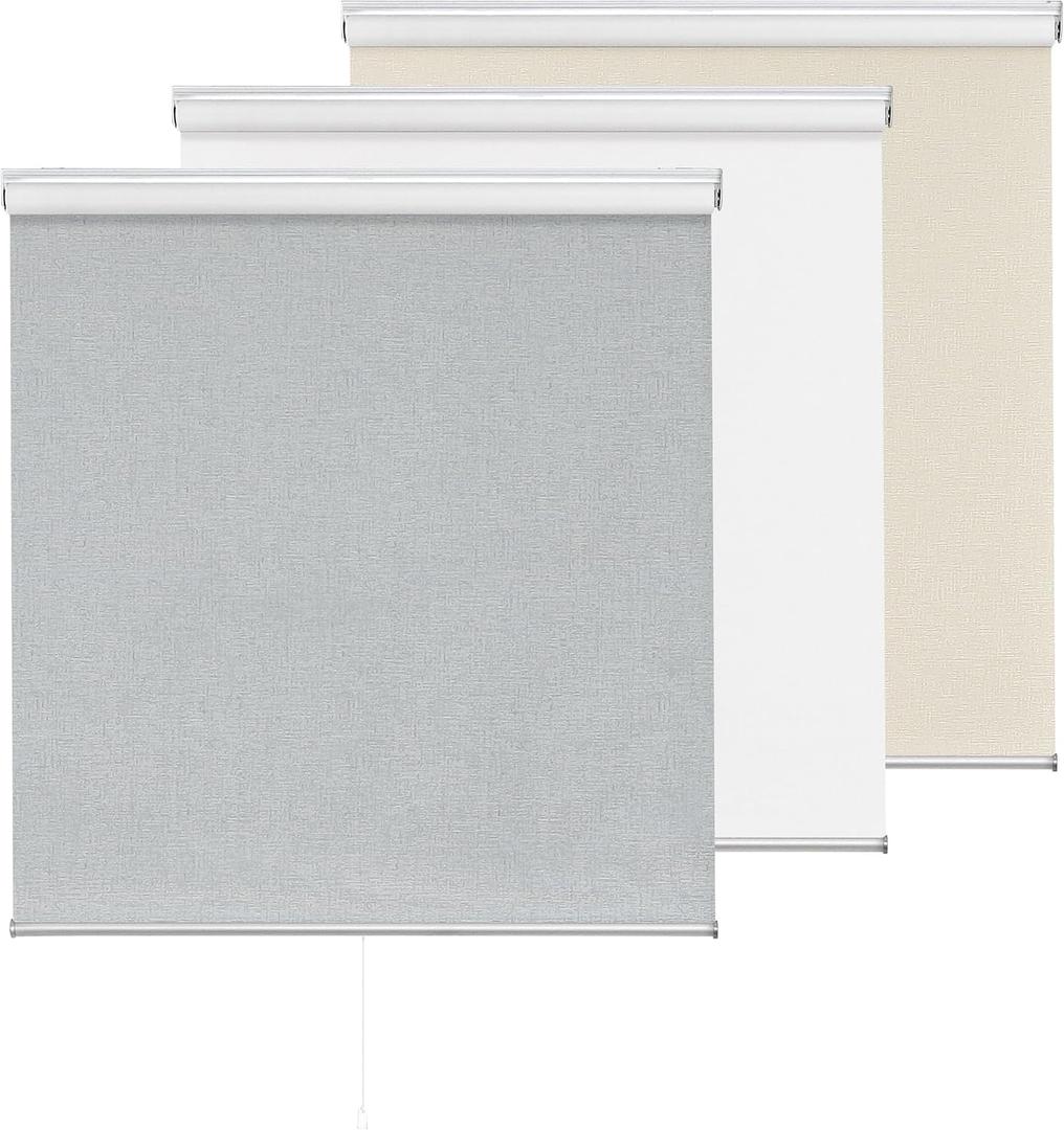 ChrisDowa Cordless 100% Blackout Roller Shade, with Striped Jacquard, Thermal Insulated, UV Protection Fabric, Total Blackout Blinds for Window, French Doors, Home and Office. Light Grey, 37"W x 72"H