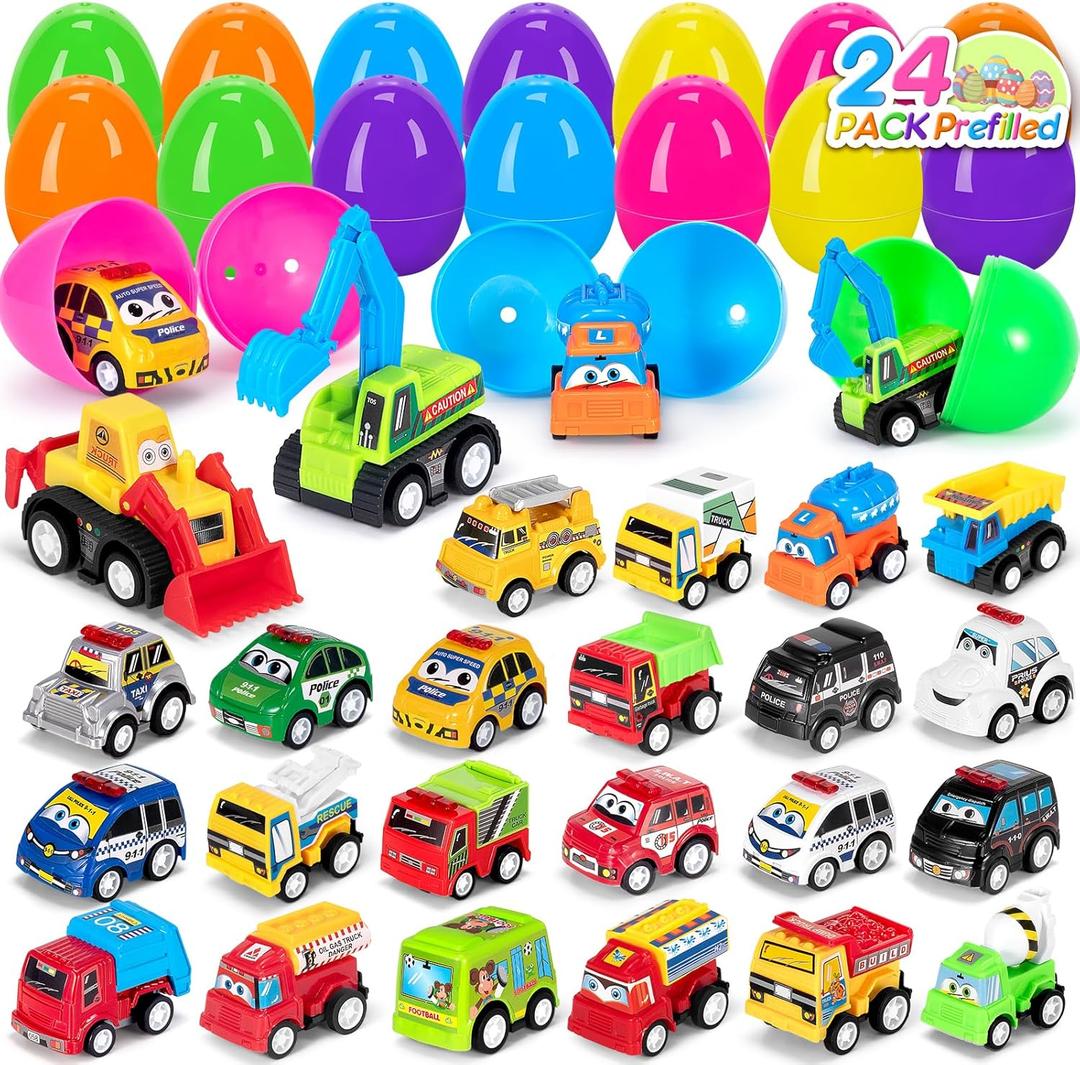 24 PCS Prefilled Easter Eggs with Toys Pull Back Cars Easter Basket Stuffers for Toddler Gifts for Kids - Easter Party Favors