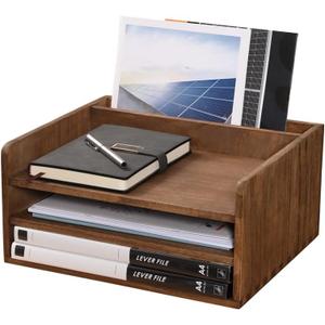DDYURI Desk Organizer for File Folder Storage with 3 Paper Letter Tray &1 Vertical Compartment- Wood Office Desktop Document Organizer Rack - Filing Folder Mail Sorter Desk accessories Dark WJJ3K-DK