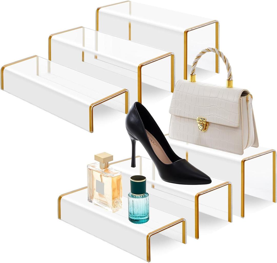 RattanView 6 Pack Clear Acrylic Purses Display Stands, 11" L 5mm Thick Luxury Purse, Handbag, Jewelry & Perfume Risers, Gold Luxury Shoe Display Riser for Closet, Boutique, Vendor Events (3 Tier)