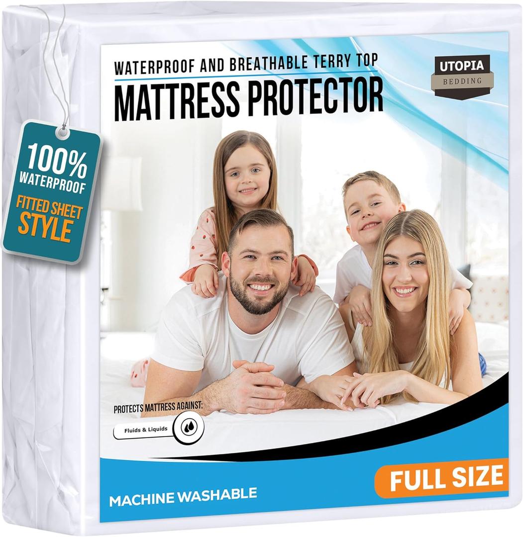 Utopia Bedding Waterproof Mattress Protector Full Size, Premium 200 GSM Terry Mattress Cover, Soft & Breathable Bed Cover, Fitted Sheet Style with Stretchable Deep Pockets 15" (White)