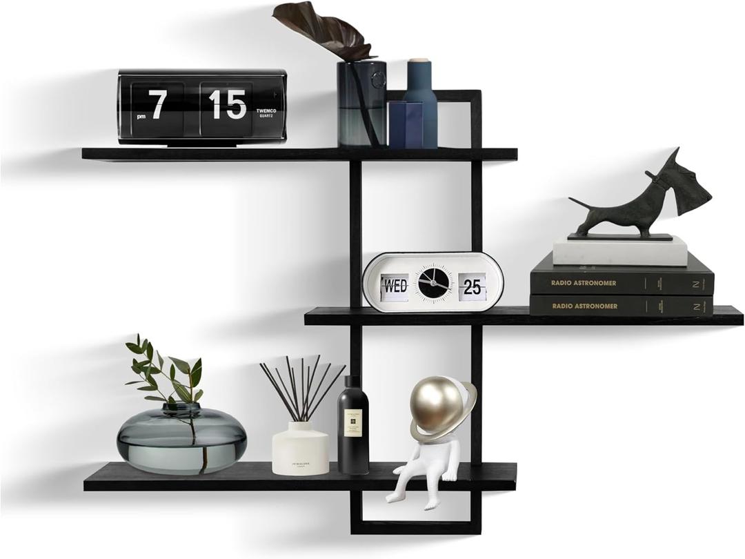 PHOENANCEE 3 Tier Wall Shelves,Decorative Floating Shelf for Wall,Plants Photo Shelf Storage Display Shelving Wood for Living Room Bedroom Kitchen Home Office Decor,Modern,Large,22 Inch(Black)