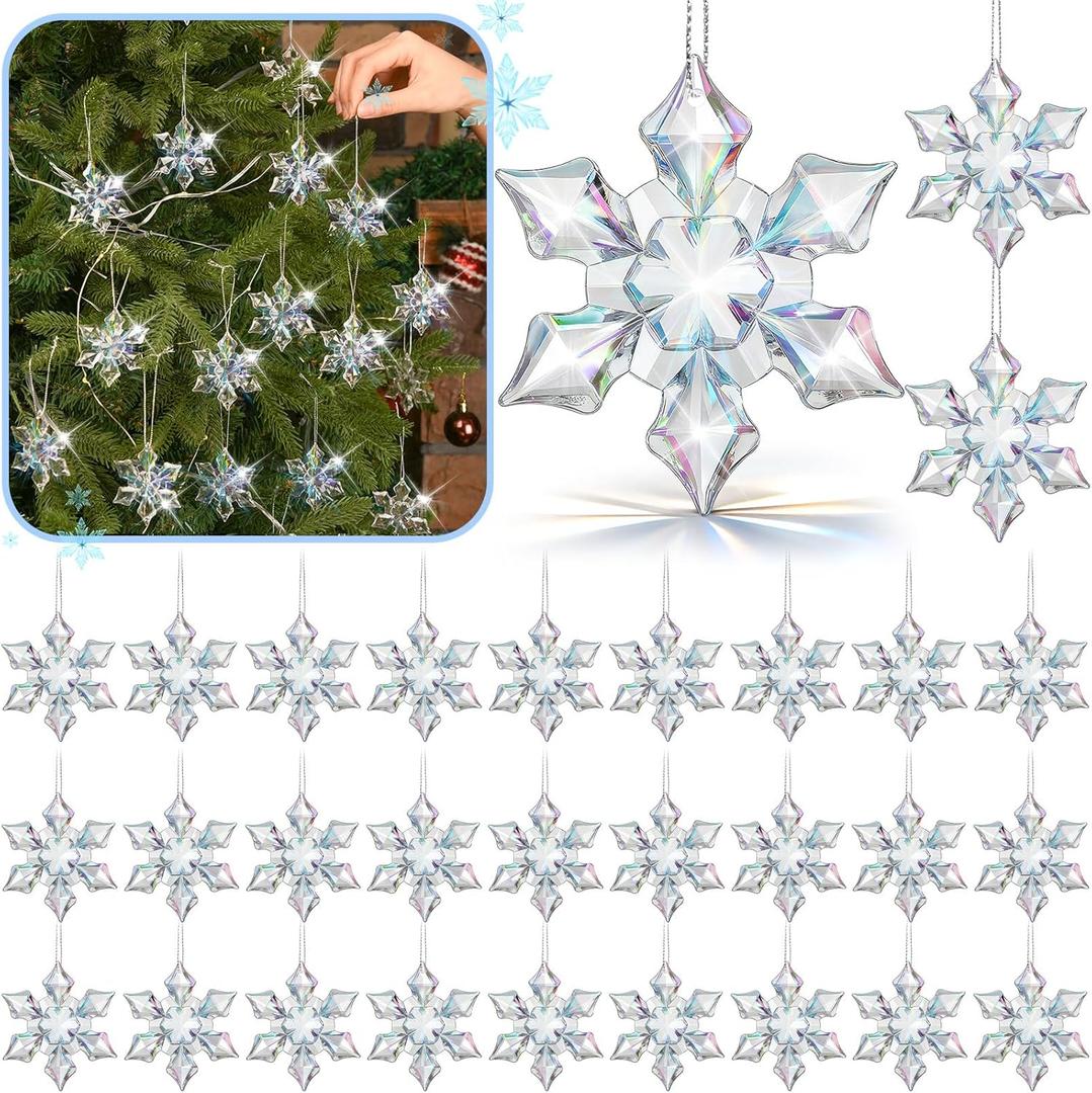 Wettarn 30 Pcs Acrylic Crystal Christmas Balls Ornaments, Clear Crystal Glass Christmas Diamond Ornaments Raindrops with Silver Thread for Hanging Decorations(Snow)