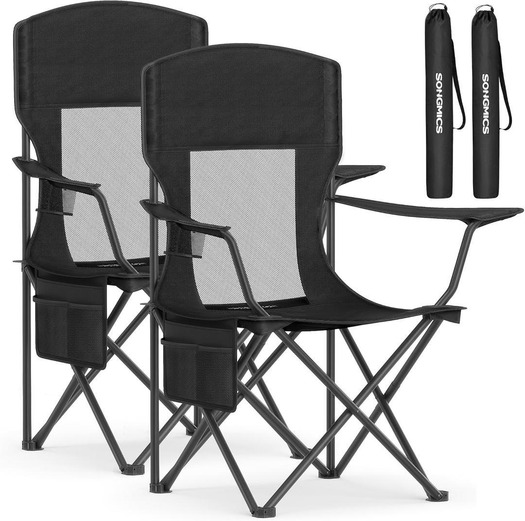 SONGMICS Breathable Camping Chairs, Foldable Outdoor Chairs Set of 2, High Back, Adjustable Armrests, Drink Holder, Weight Capacity 330 lb, for Sports Garden Backyard, Ink Black UGCB028B02, Medium