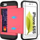 for iPhone 6/6S Case with Card Holder2 Pcs HD Screen Protector Slim Heavy Duty Dual Layer Shockproof DesignHidden Card Slot Wallet Case for iPhone 6/6S Phone Case -Red