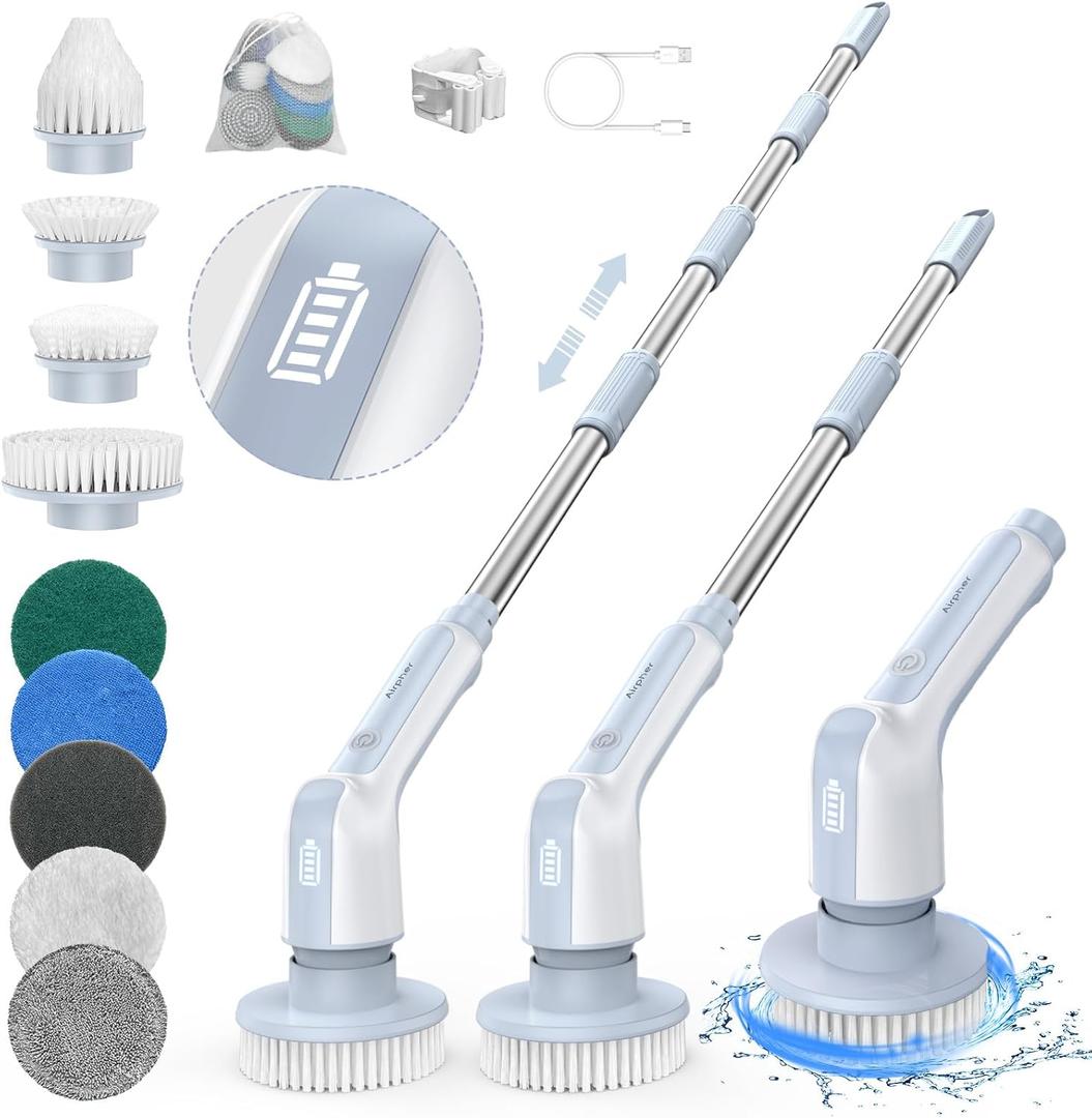 Electric Spin Scrubber, 2024 Upgraded IPX8 Cordless Cleaning Brush with 9 Replaceable Brush Heads, Detachable as Short Handle, Shower Cleaning Scrubber for Bathroom Tub (Gray)