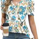 LOMON Womens Puff Short Sleeve Shirt Summer Tops V Neck Casual T Shirts Loose Fit Blouses (S)